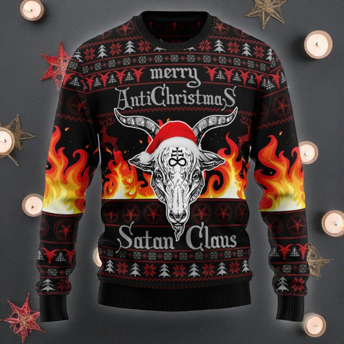 Merry Anti Christmas Satan Claus Black Ugly Christmas Sweater Gothic Flame Holiday Knit Jumper