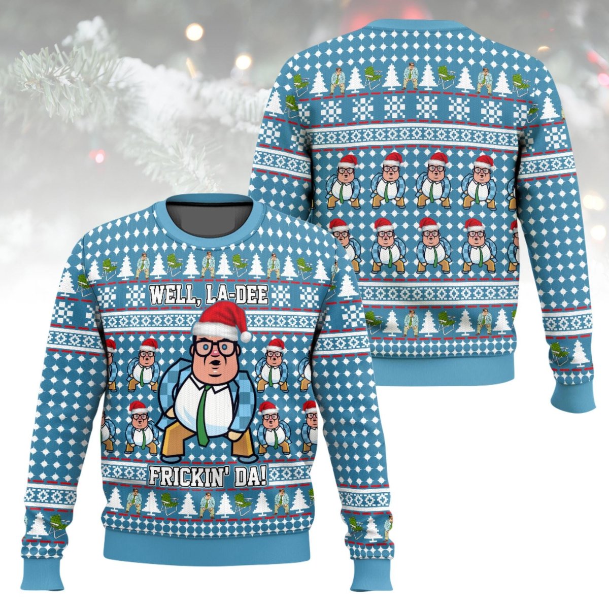 Chris Farley Well La Dee Frickin Da Blue Ugly Christmas Sweater Holiday Knit Gift