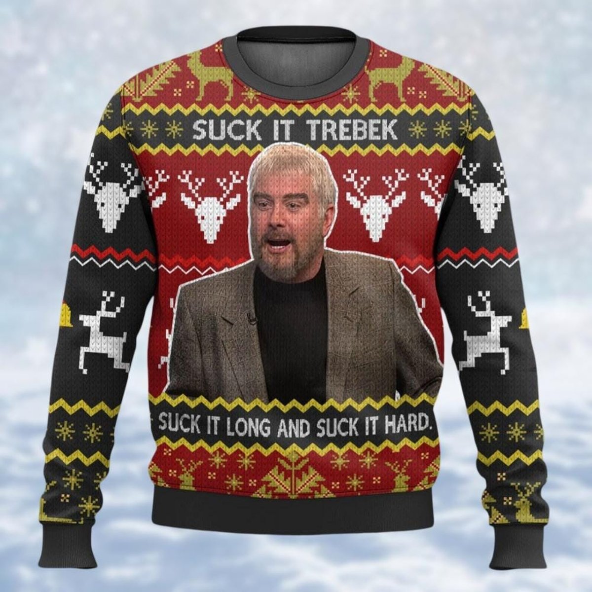 Saturday Night Live Red Christmas Ugly Sweater Suck It Trebek Funny Meme Holiday Knit Jumper