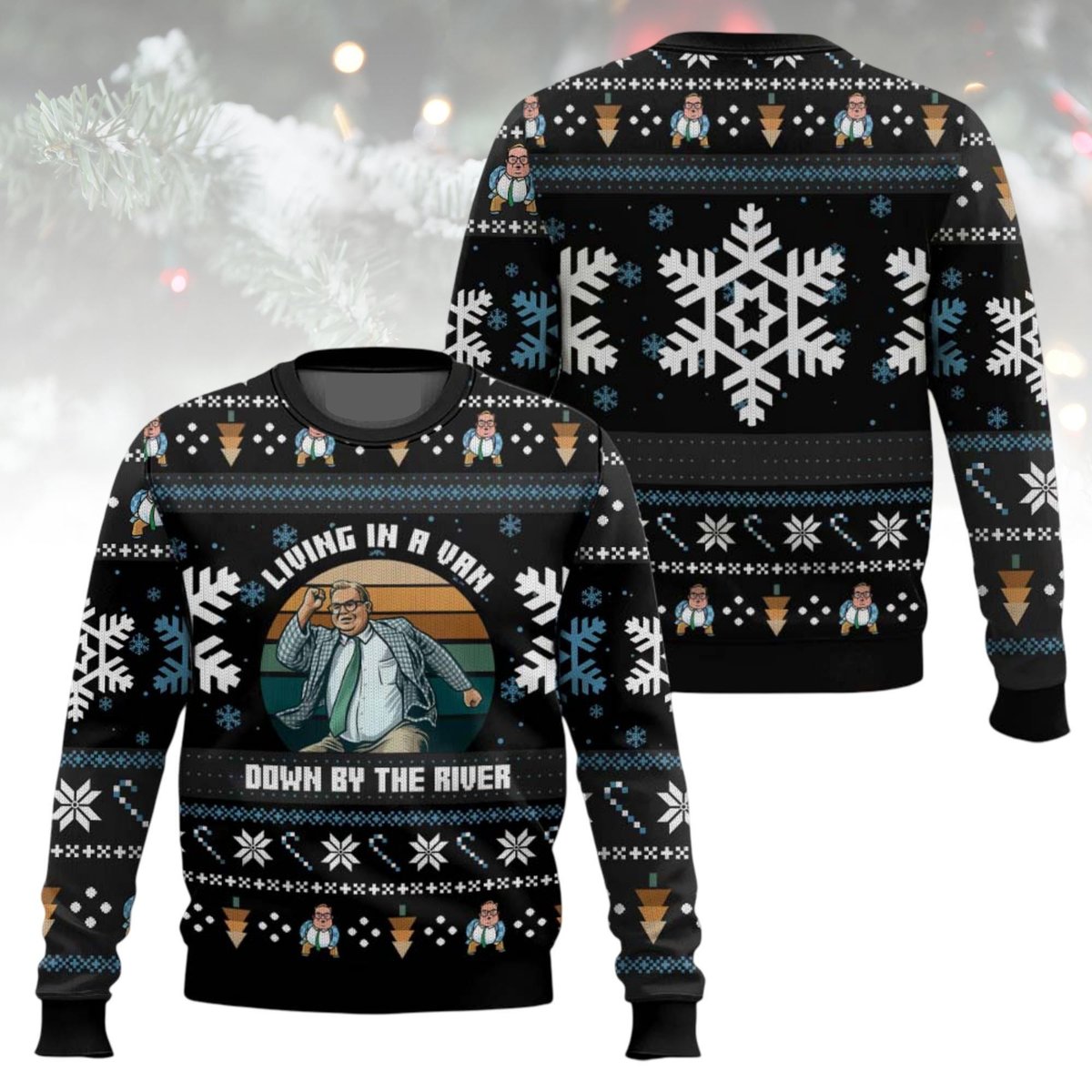 Chris Farley Living In A Van Down By The River Black Ugly Christmas Sweater Holiday Knit Gift