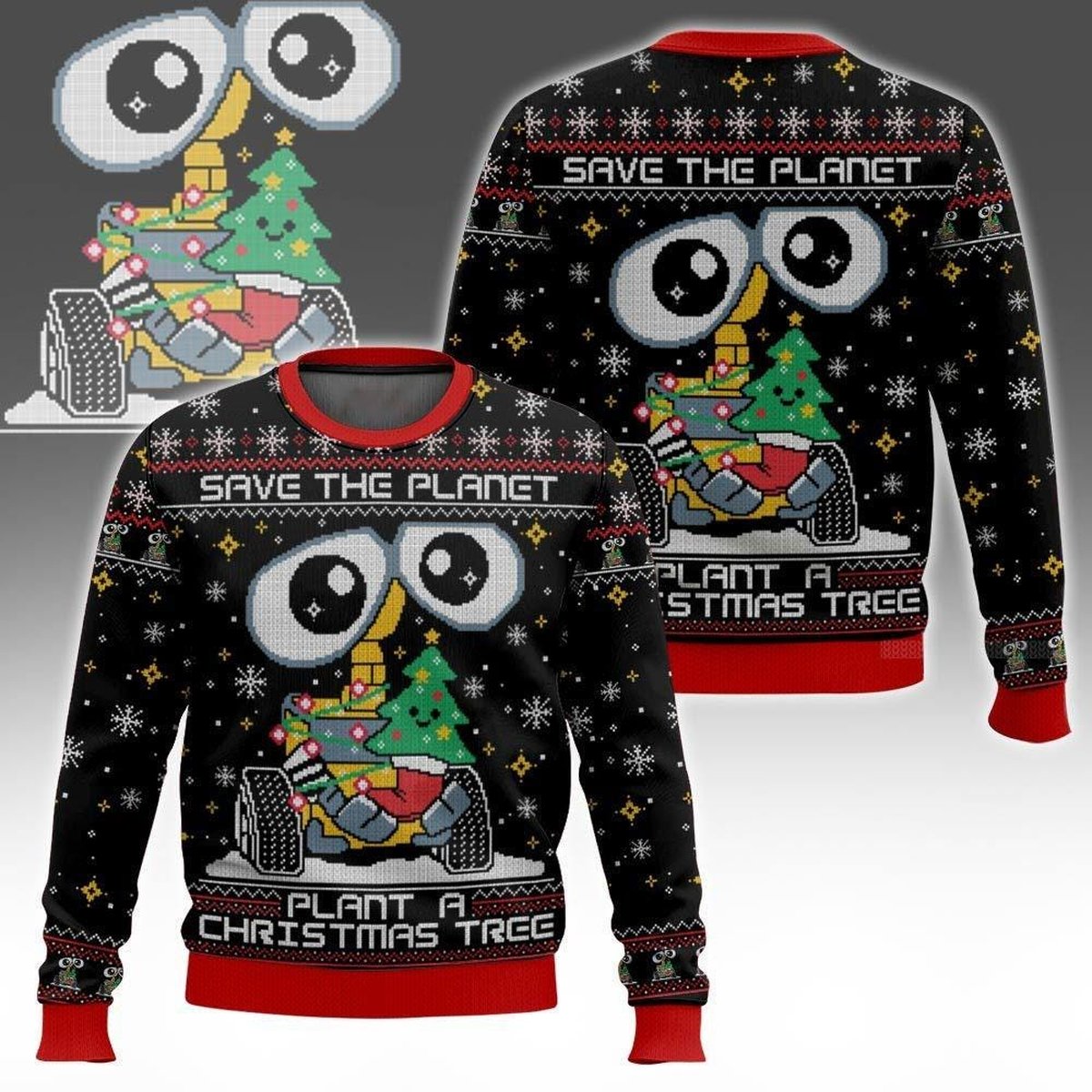 Save The Planet Plant A Christmas Tree Ugly Christmas Sweater Cute Wall E Movie Holiday Knit Jumper