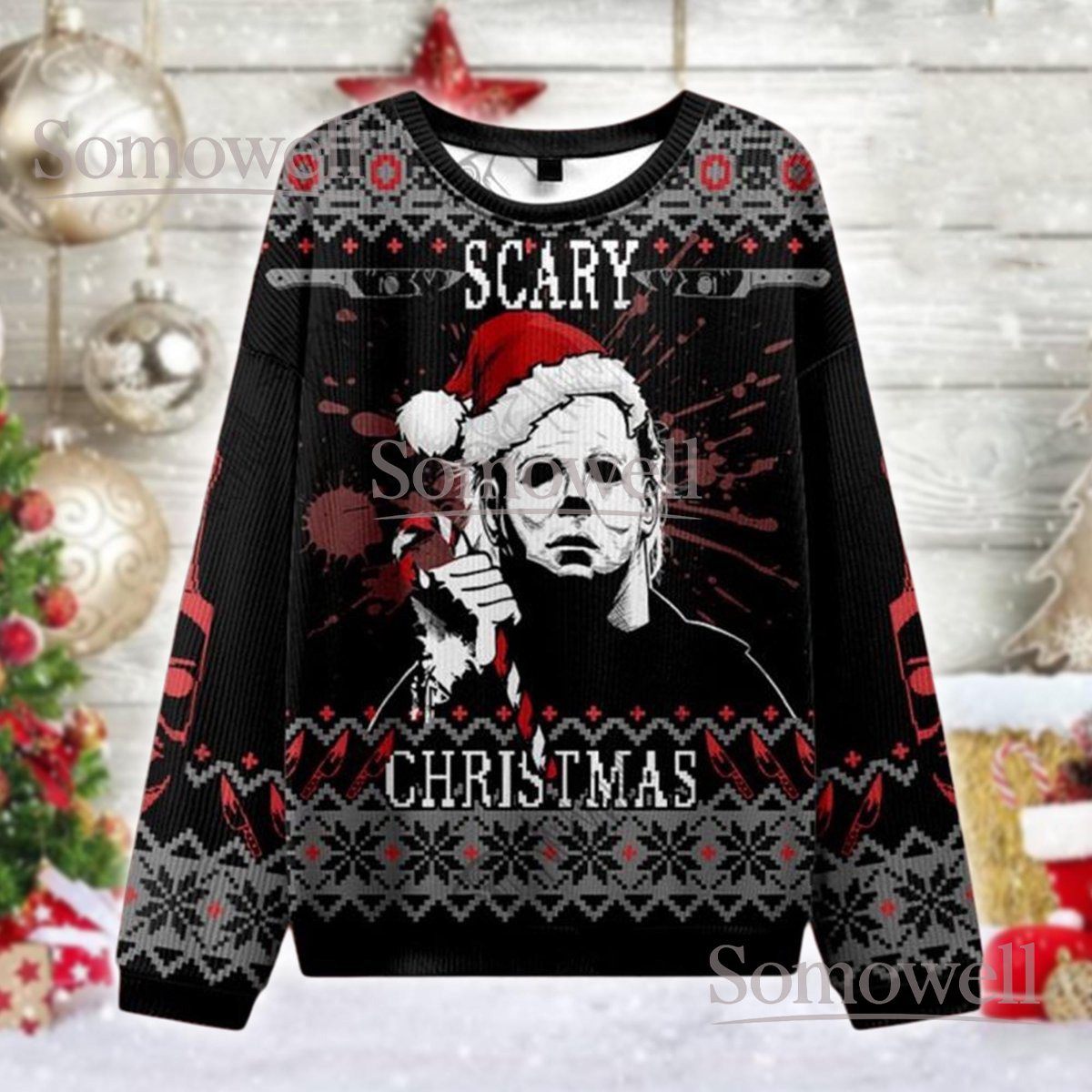 Scary Santa Horror Mask Ugly Christmas Sweater Funny Creepy Movie Holiday Knit Jumper Gift