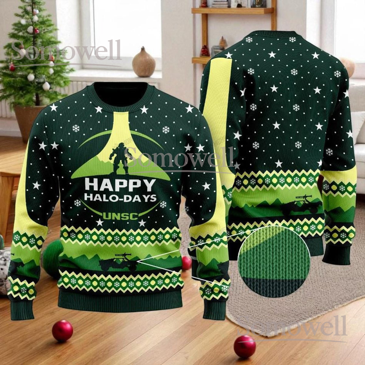 Halo UNSC Christmas Green Ugly Sweater Gamer Sci-Fi Holiday Knit Jumper