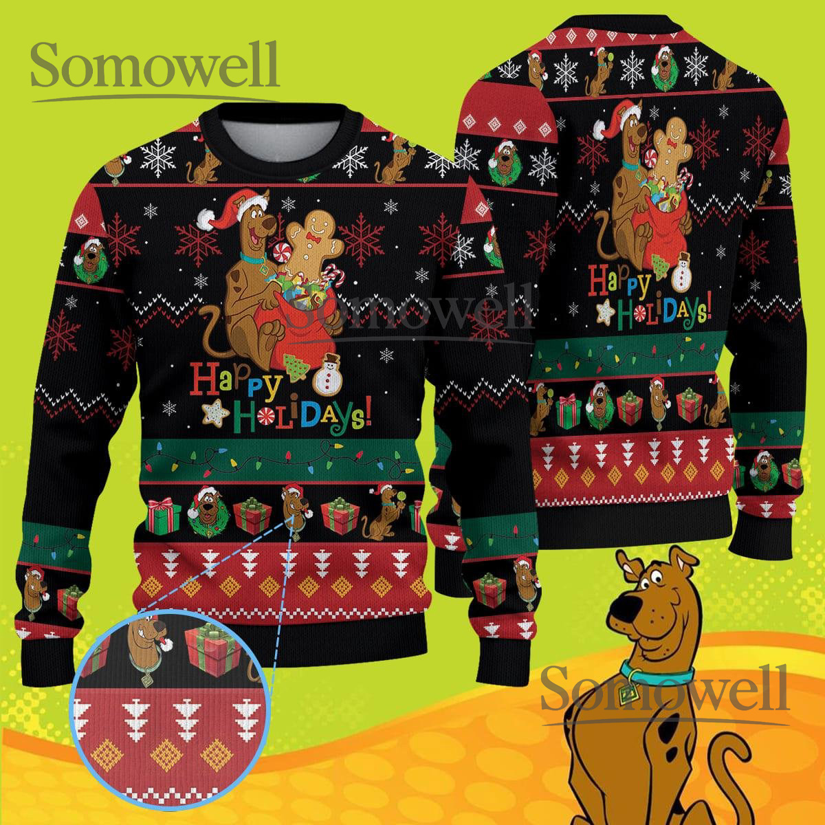 Scooby Doo Happy Holidays Black Green Ugly Christmas Sweater Cartoon Festive Knit Jumper