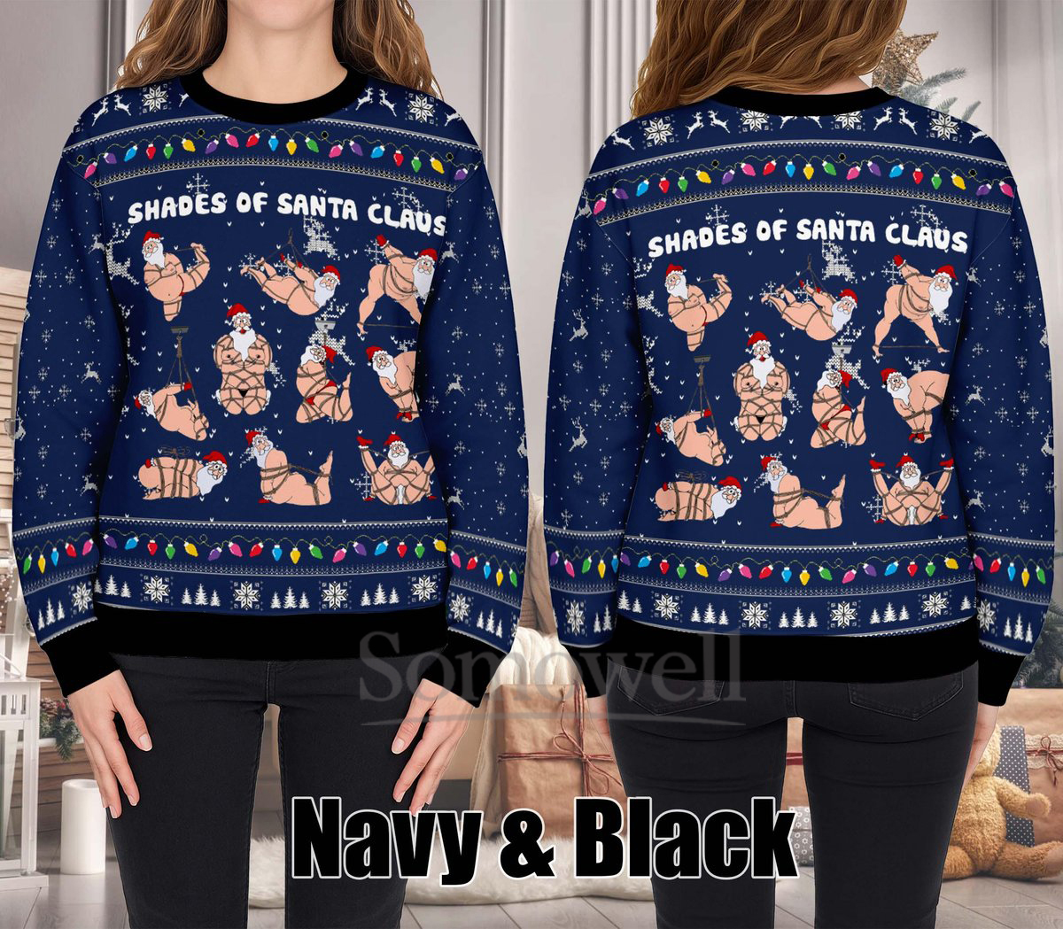Shades of Santa Claus Ugly Christmas Sweater Funny Naughty Navy Holiday Knit Jumper