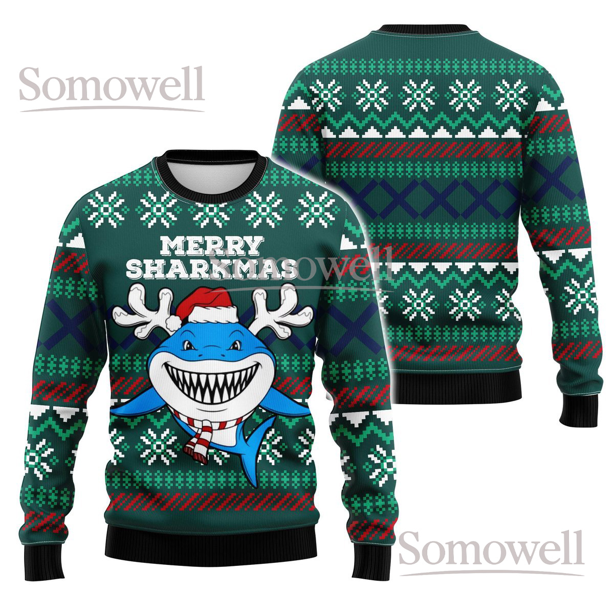 Shark in Ocean Merry Sharkmas Ugly Christmas Sweater Happy Holiday Funny Shark Xmas Sweater Gift