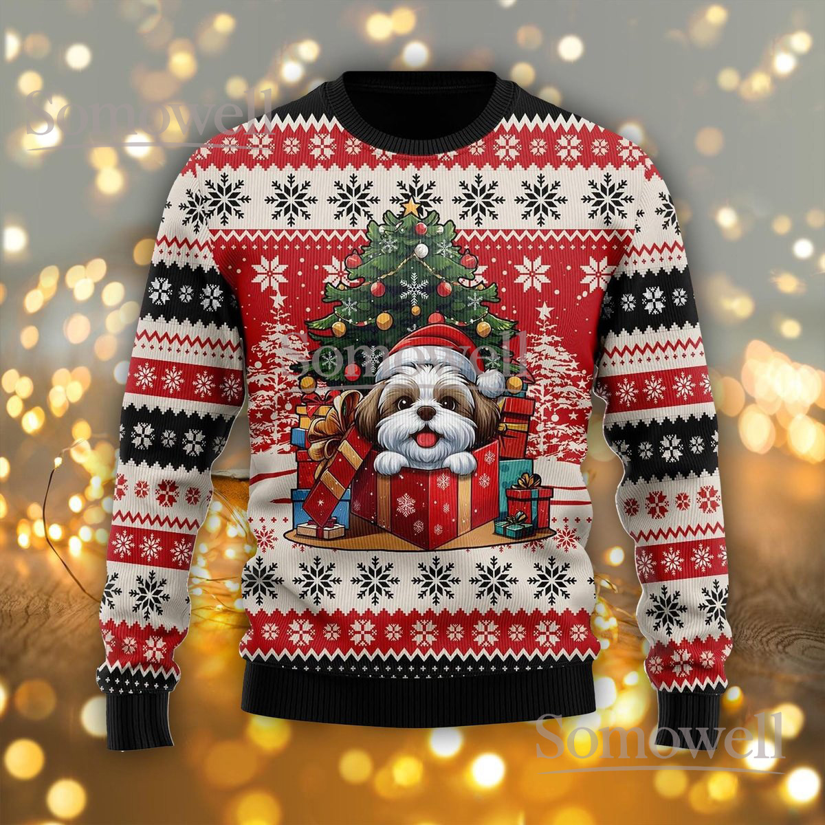 Shih Tzu Dog Lover Red Christmas Ugly Sweater Cute Puppy Holiday Knit Jumper