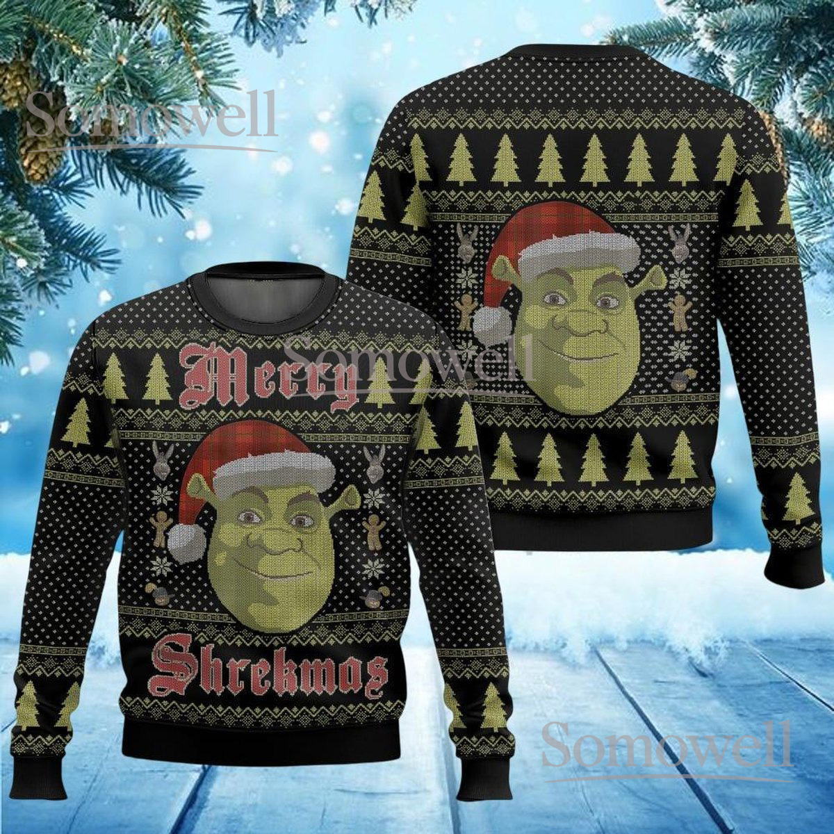 Merry Shrekmas Ugly Christmas Sweater Funny Green Ogre Holiday Knit Jumper Gift