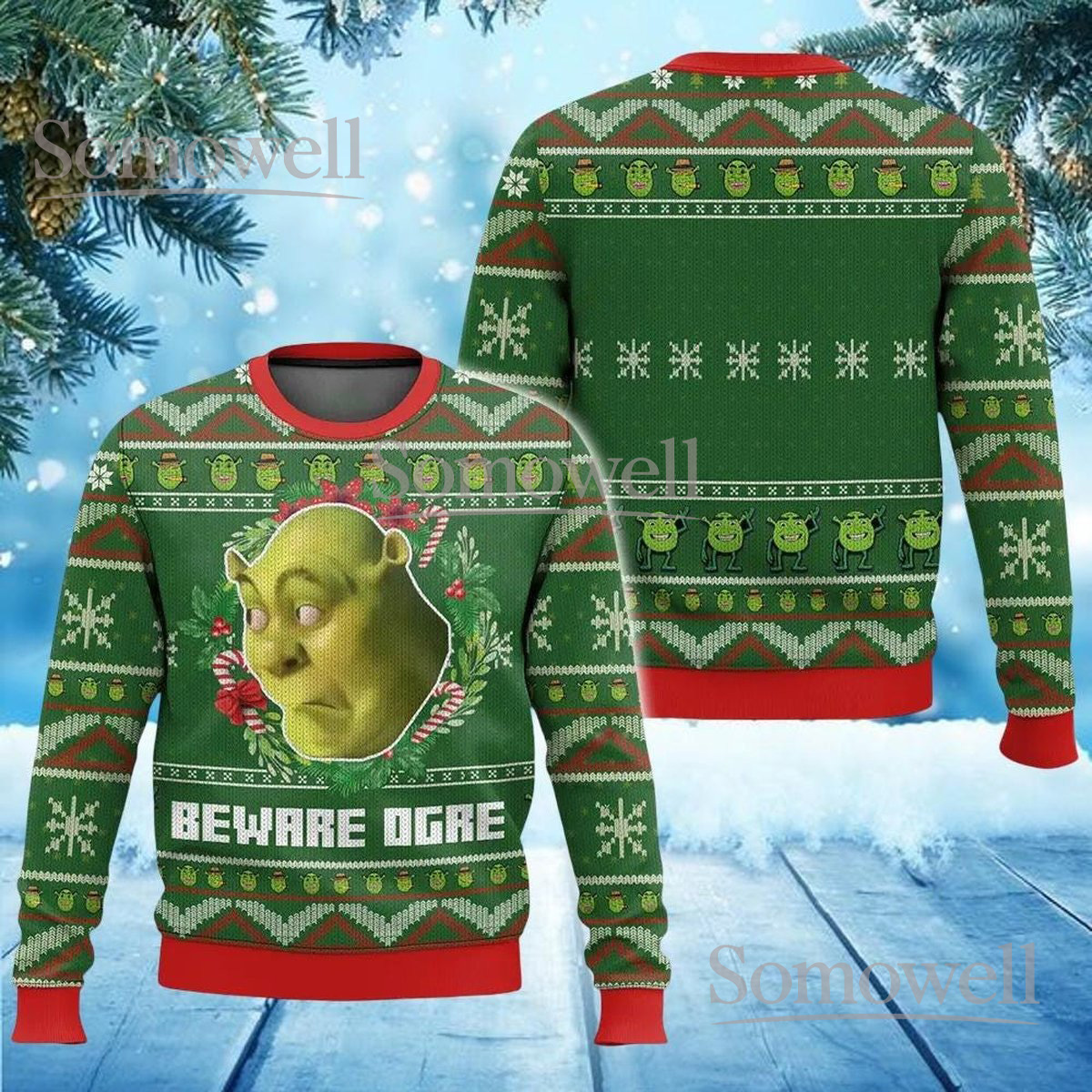 Beware Ogre Shrek Ugly Christmas Sweater Funny Cartoon Movie Holiday Knit Jumper Gift