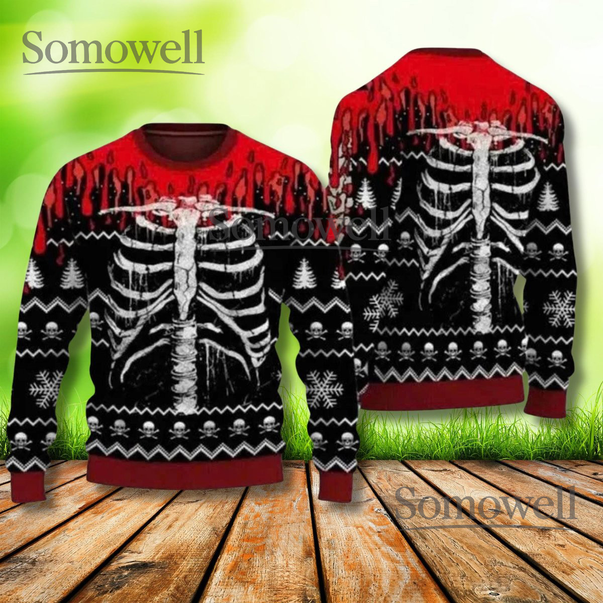 Skeleton RibsUgly Christmas Sweater Red Black Goth Holiday Pullover