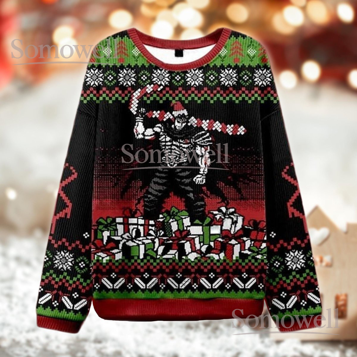 Skeleton Santa Black Red Christmas Ugly Sweater Gothic Holiday Skull Knit Jumper