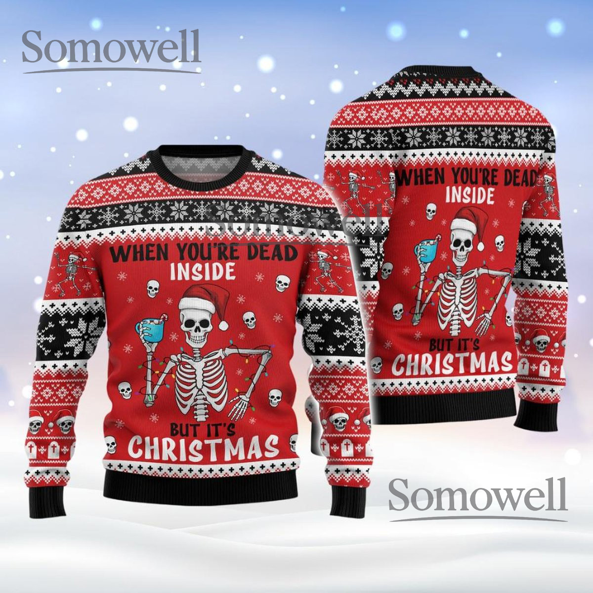 Skeleton Red Christmas Ugly Sweater Funny Dead Inside Holiday Knit Jumper
