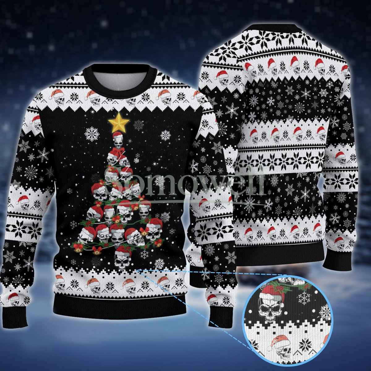 Skull Christmas Tree Black Ugly Sweater Funny Gothic Holiday Knit Jumper