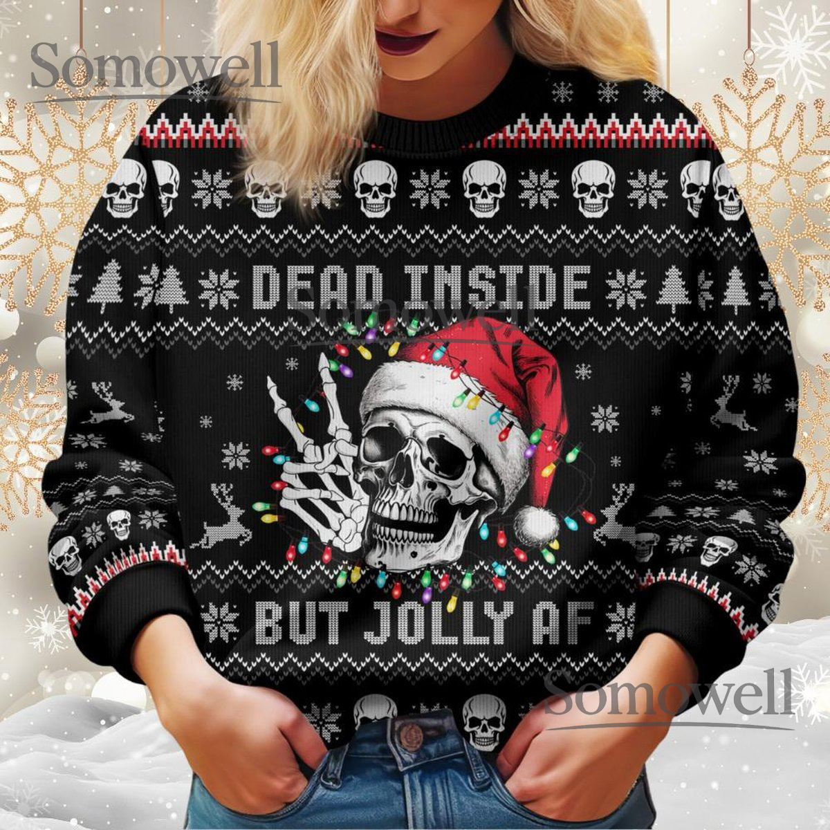 Skull Black Christmas Ugly Sweater Funny Dead Inside Holiday Knit Jumper