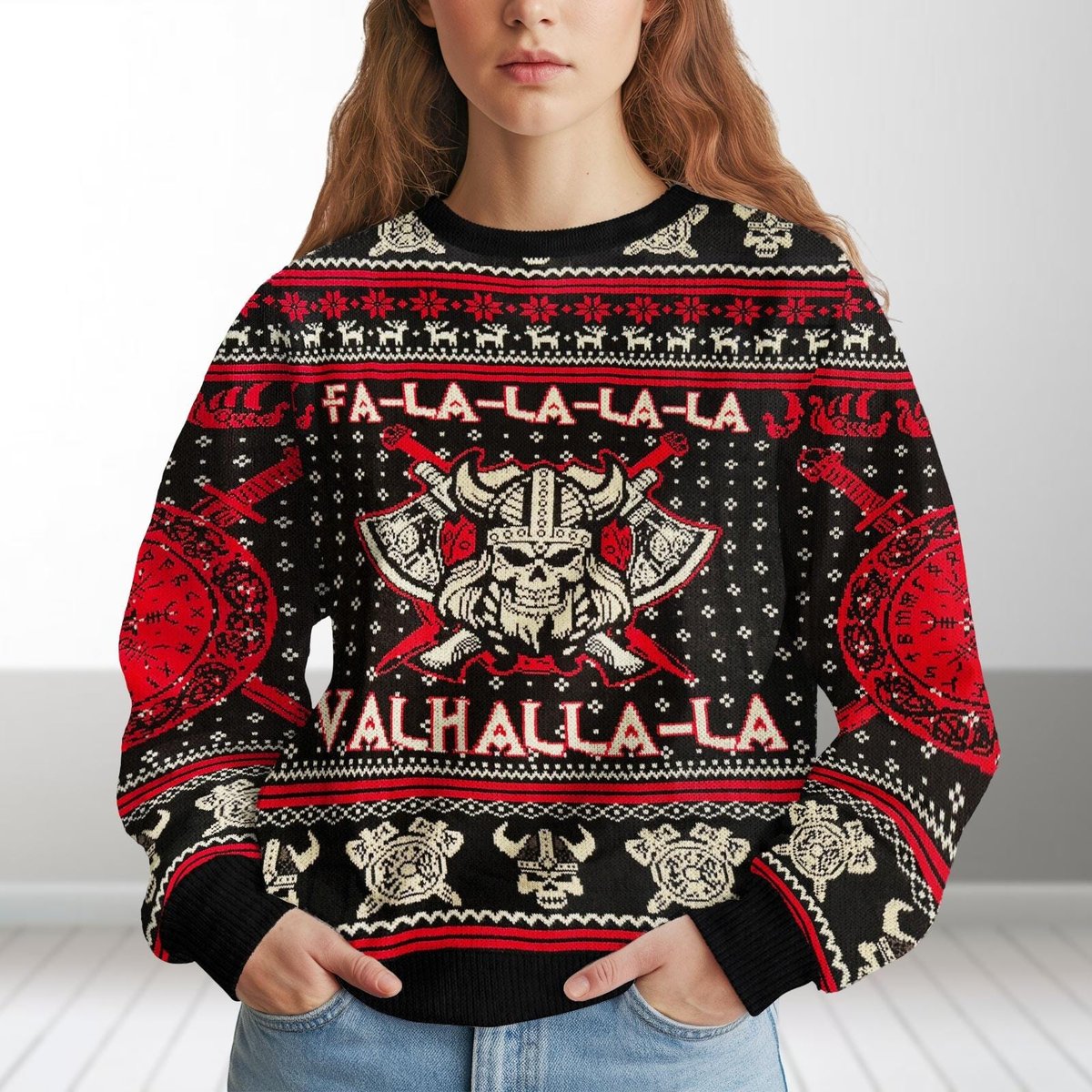Viking Skull Valhalla Knit Ugly Sweater Norse Warrior Christmas Gift For Men