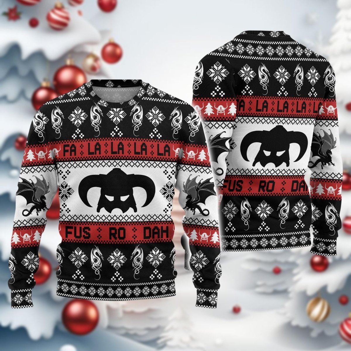 Skyrim Black Christmas Ugly Sweater Dragon Fus Ro Dah Holiday Gamer Knit Jumper