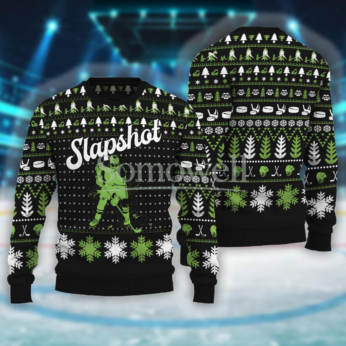Slapshot Hockey Green Black Ugly Christmas Sweater Sports Lover Holiday Knit Jumper