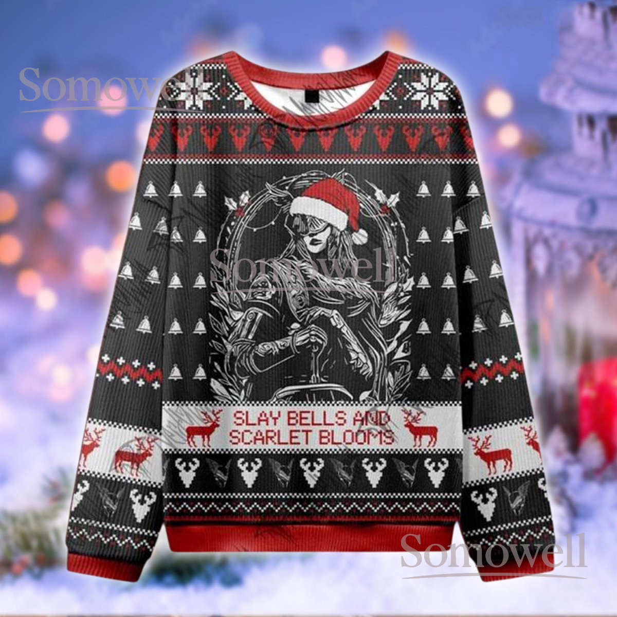 Slay Bells and Scarlet Blooms Christmas Ugly Sweater Holiday Knit Jumper
