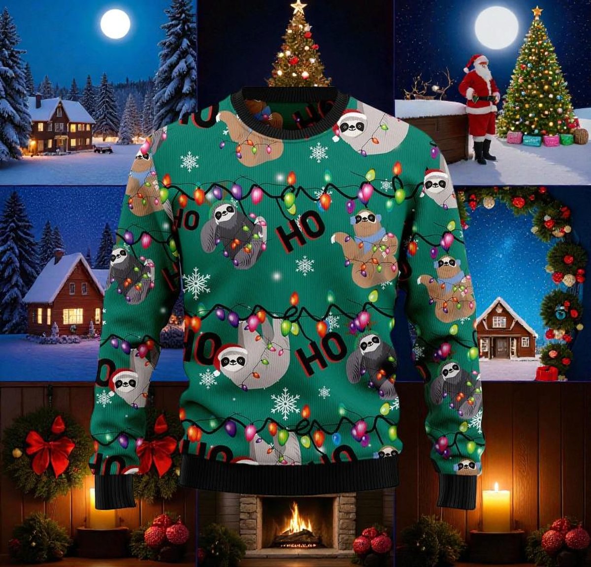 Sloth Ho Ho Ho Green Ugly Christmas Sweater Cute Animal Holiday Knit Jumper