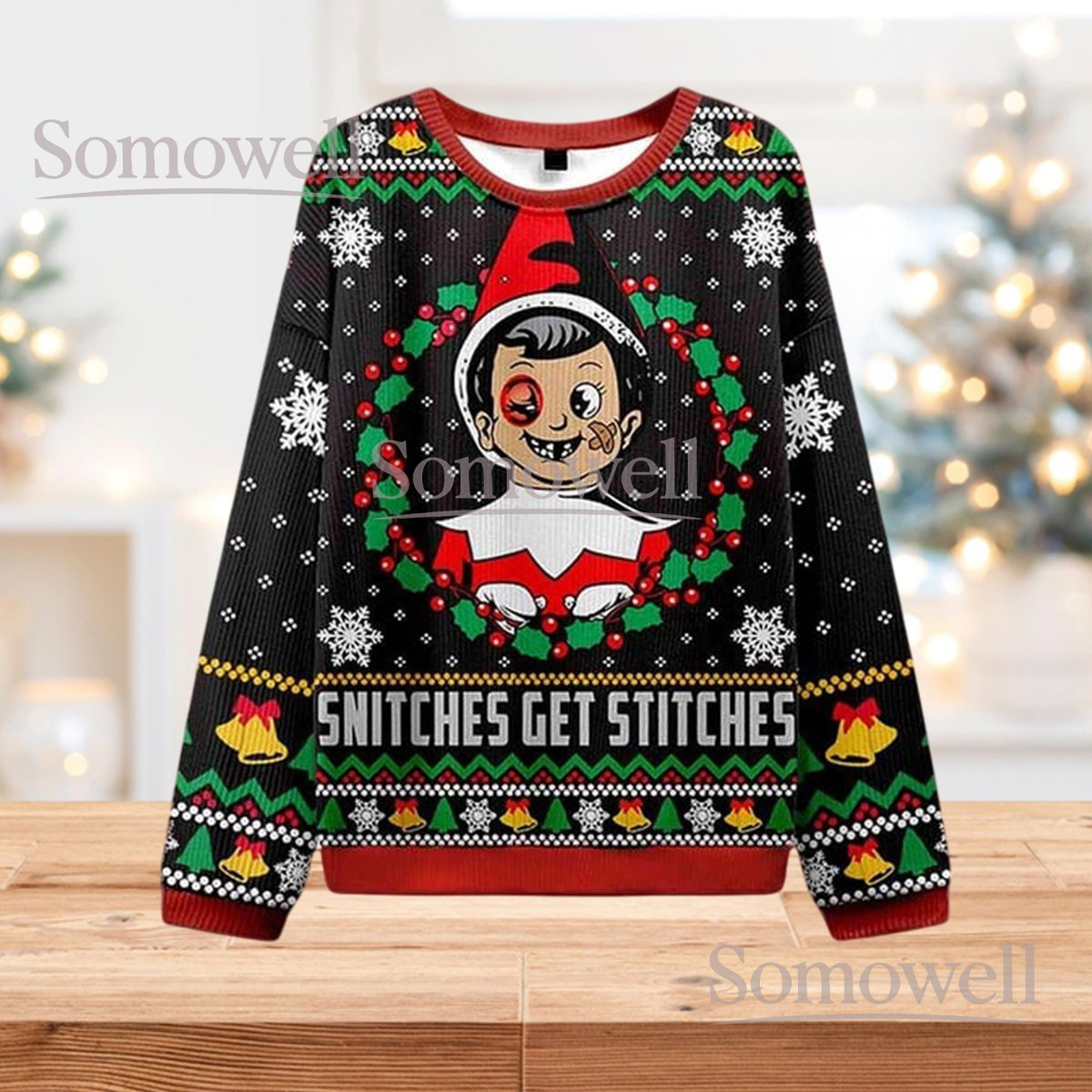 Snitches Get Stitches Ugly Christmas Sweater Funny Elf Meme Holiday Gift