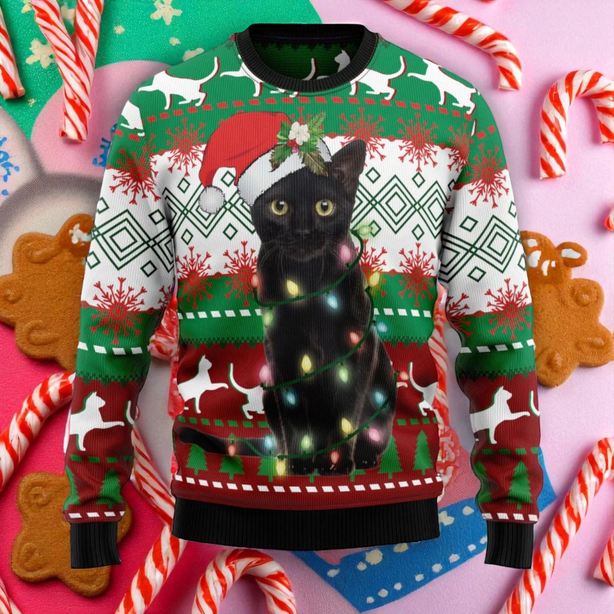 Black Cat Wrapped In Lights Ugly Christmas Sweater Cute Feline Holiday Knit Jumper