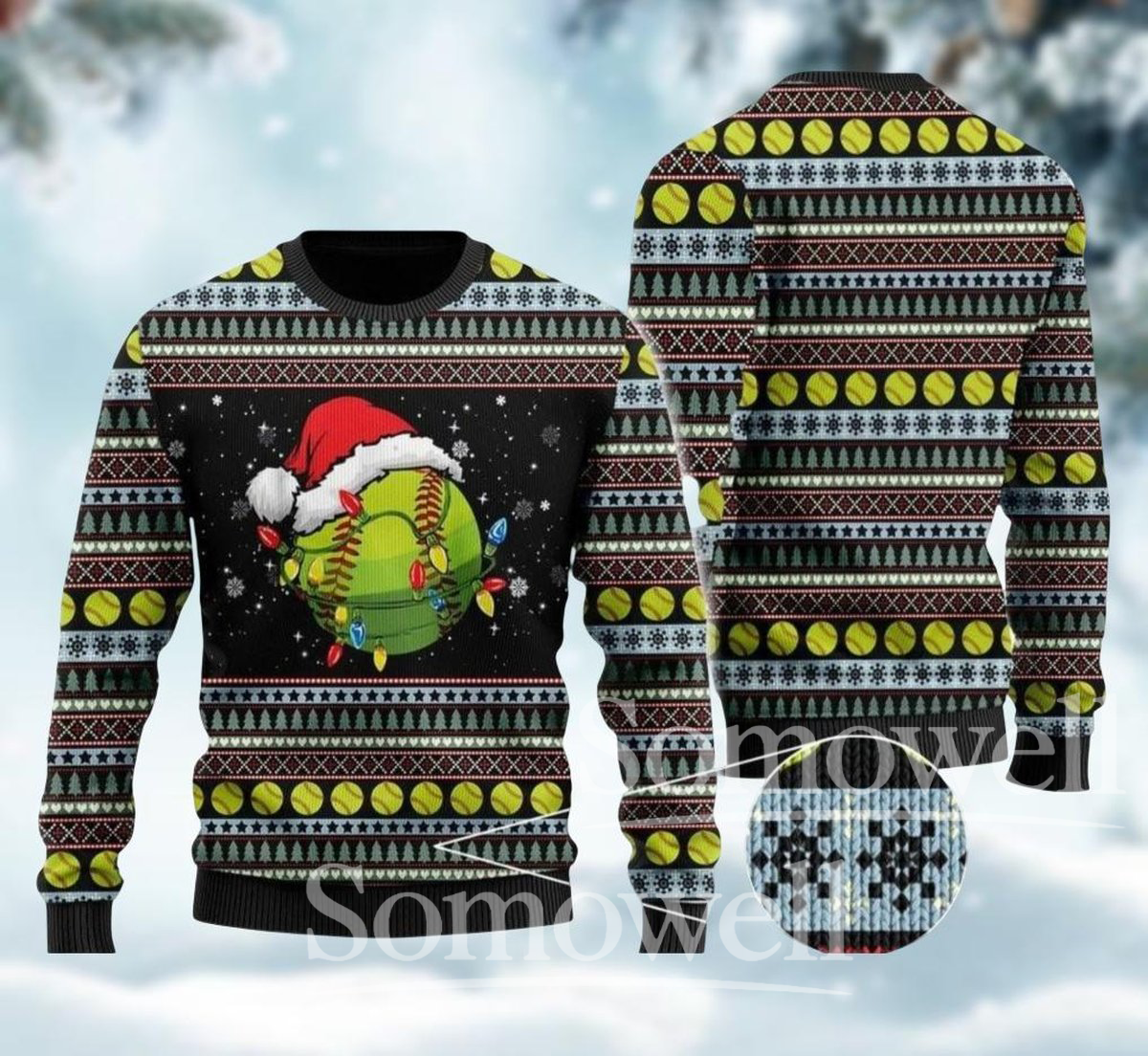 Softball Christmas Ugly Sweater Santa Hat Funny Holiday Knit Pullover Gift for Sport Lovers