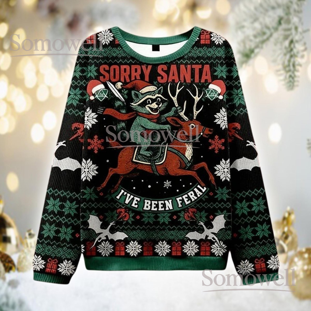 Sorry Santa I’ve Been Feral Ugly Christmas Sweater Funny Cat Raccoon Holiday Gift