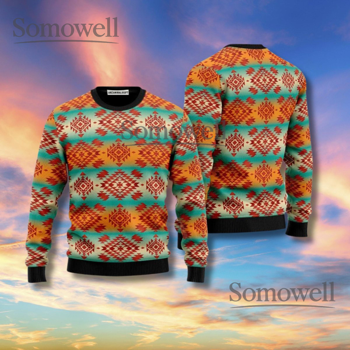 Southwestern Aztec Pattern Sweater Unisex Knit Pullover Teal Orange Rustic Boho Gift