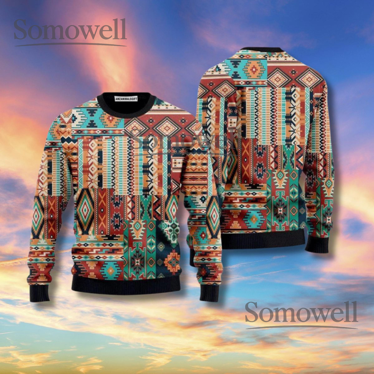 Southwestern Patchwork Aztec Sweater Unisex Knit Pullover Teal Rust Boho Gift