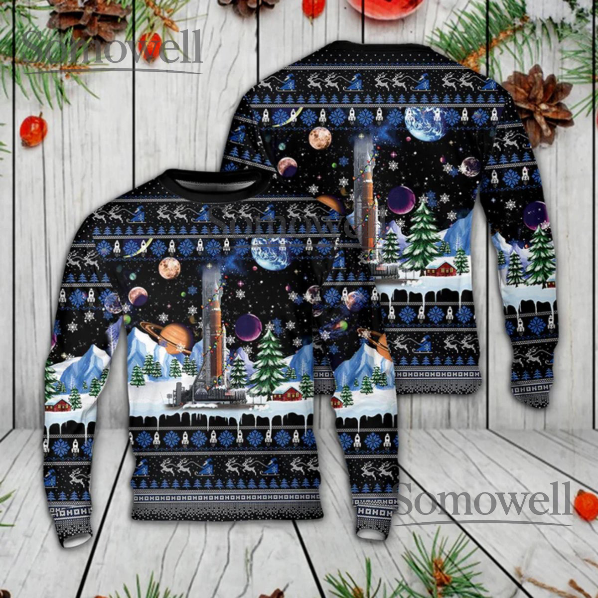 Space Christmas Ugly Sweater Galaxy Rocket Knit Holiday Jumper