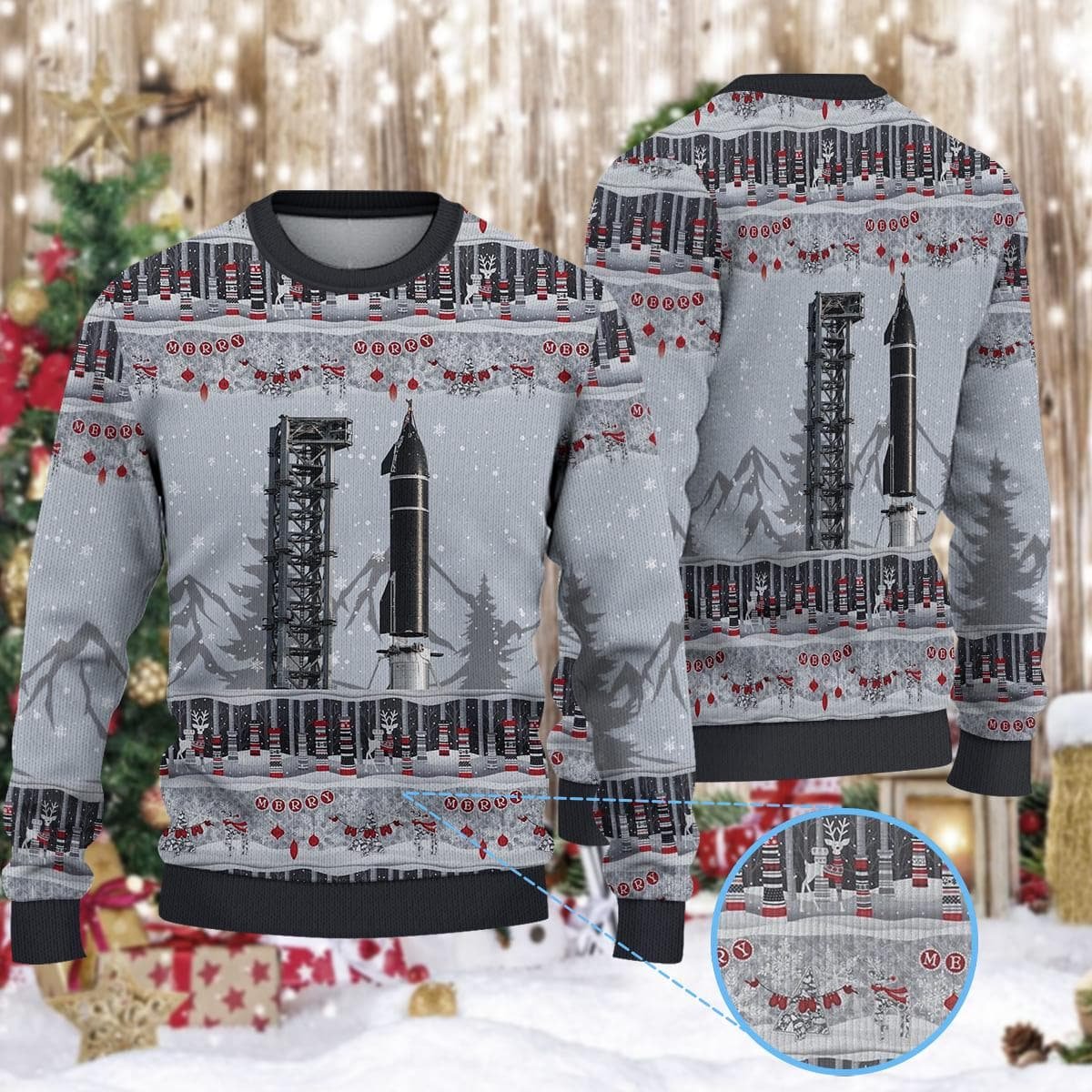 Space Rocket Gray Christmas Ugly Sweater Launch Design Futuristic Holiday Knit Jumper