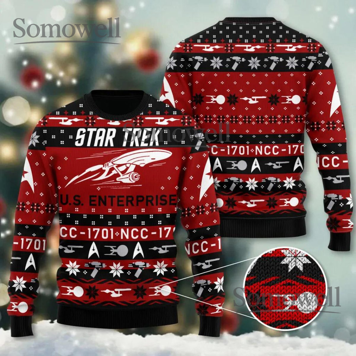 Star Trek U.S.S. Enterprise Red Ugly Christmas Sweater Sci-Fi Space Knit Jumper