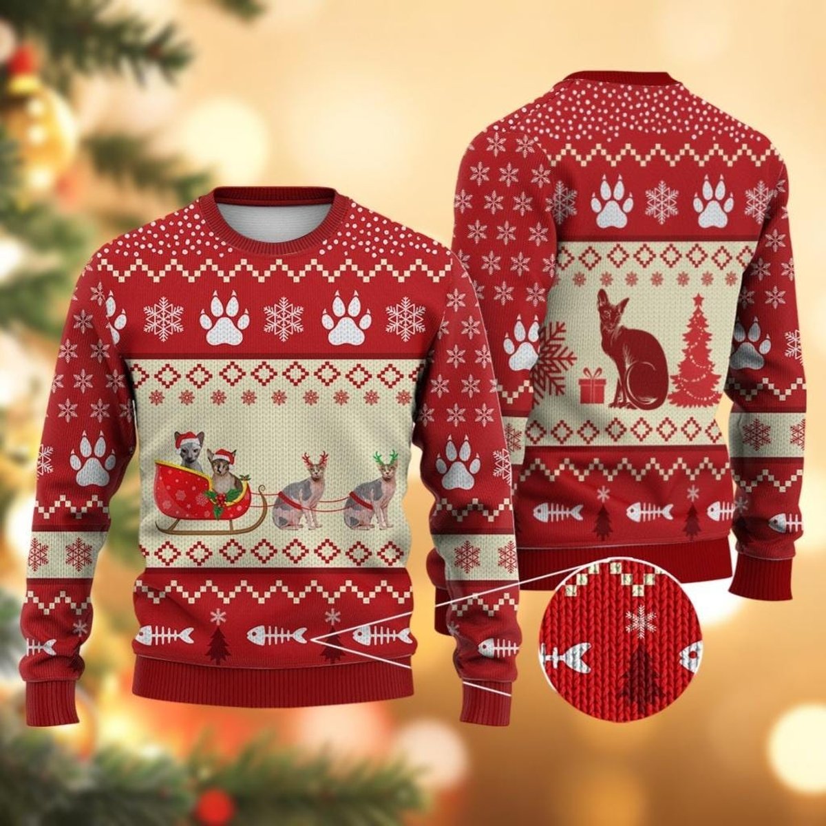 Sphynx Cat Sleigh Red Ugly Christmas Sweater Cute Pet Holiday Knit Gift