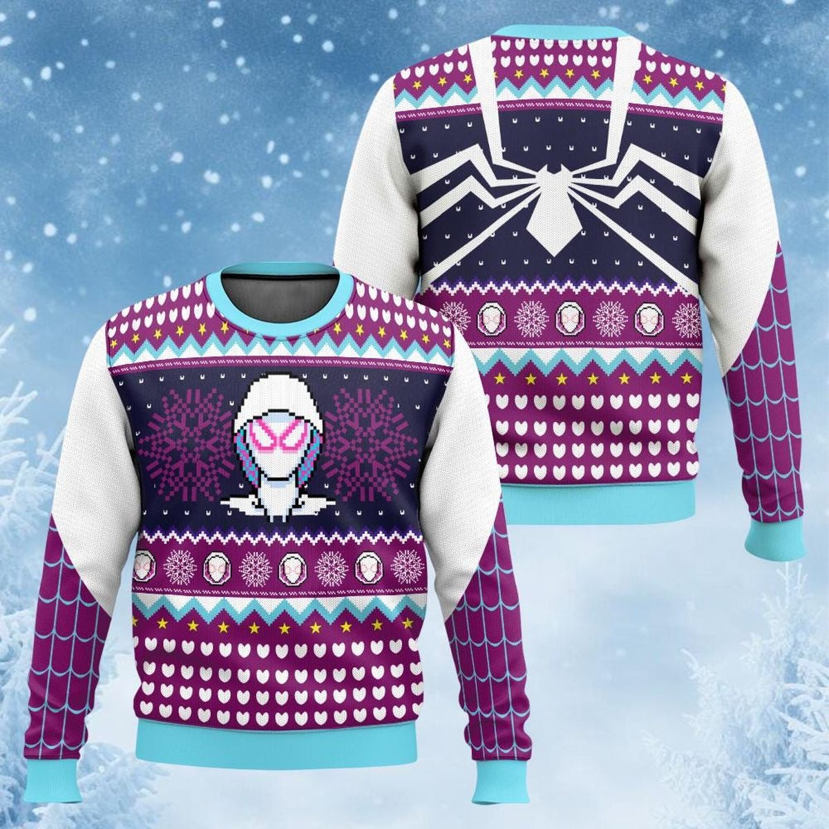 Spider Gwen Pixel Art Purple Ugly Christmas Sweater Cute Knit