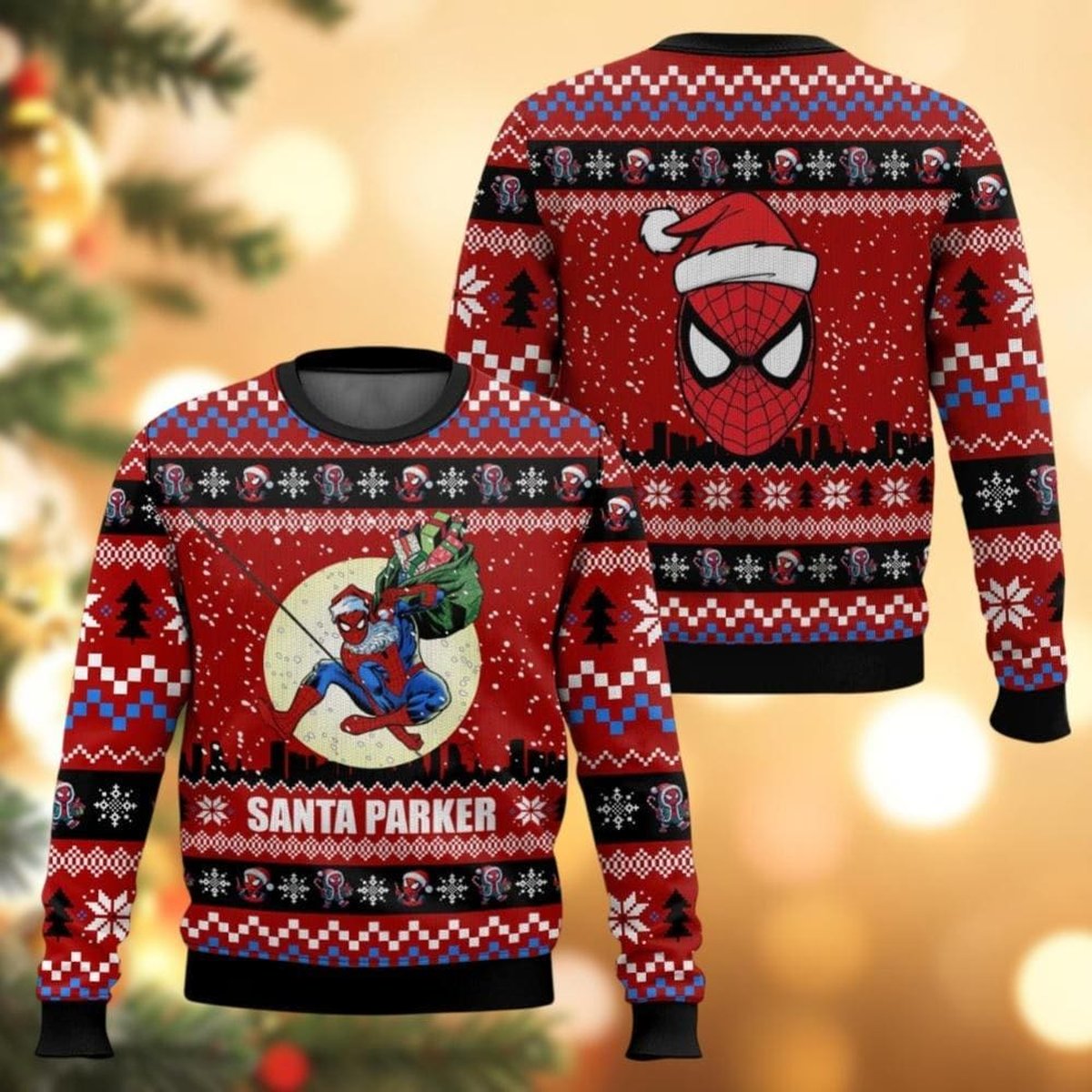 Santa Parker Red Ugly Christmas Sweater Funny Spider Hero Holiday Knit Gift