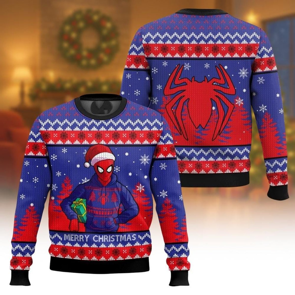 Spider-Man Merry Christmas Blue Ugly Sweater Funny Superhero Holiday Knit Jumper