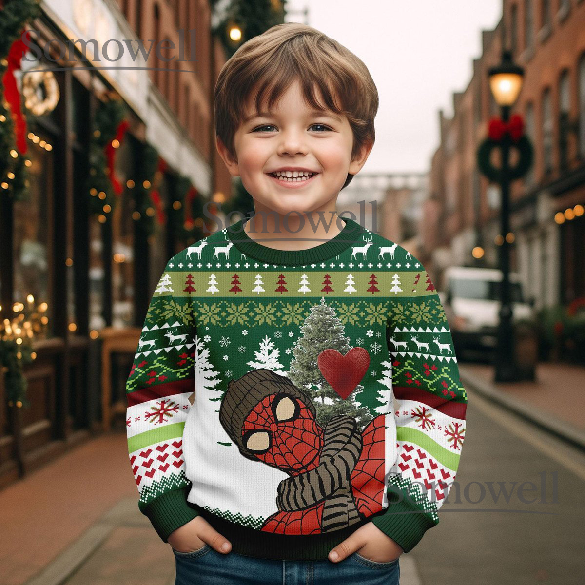 Spider-Man Hug Heart Green Christmas Sweater Holiday Knit