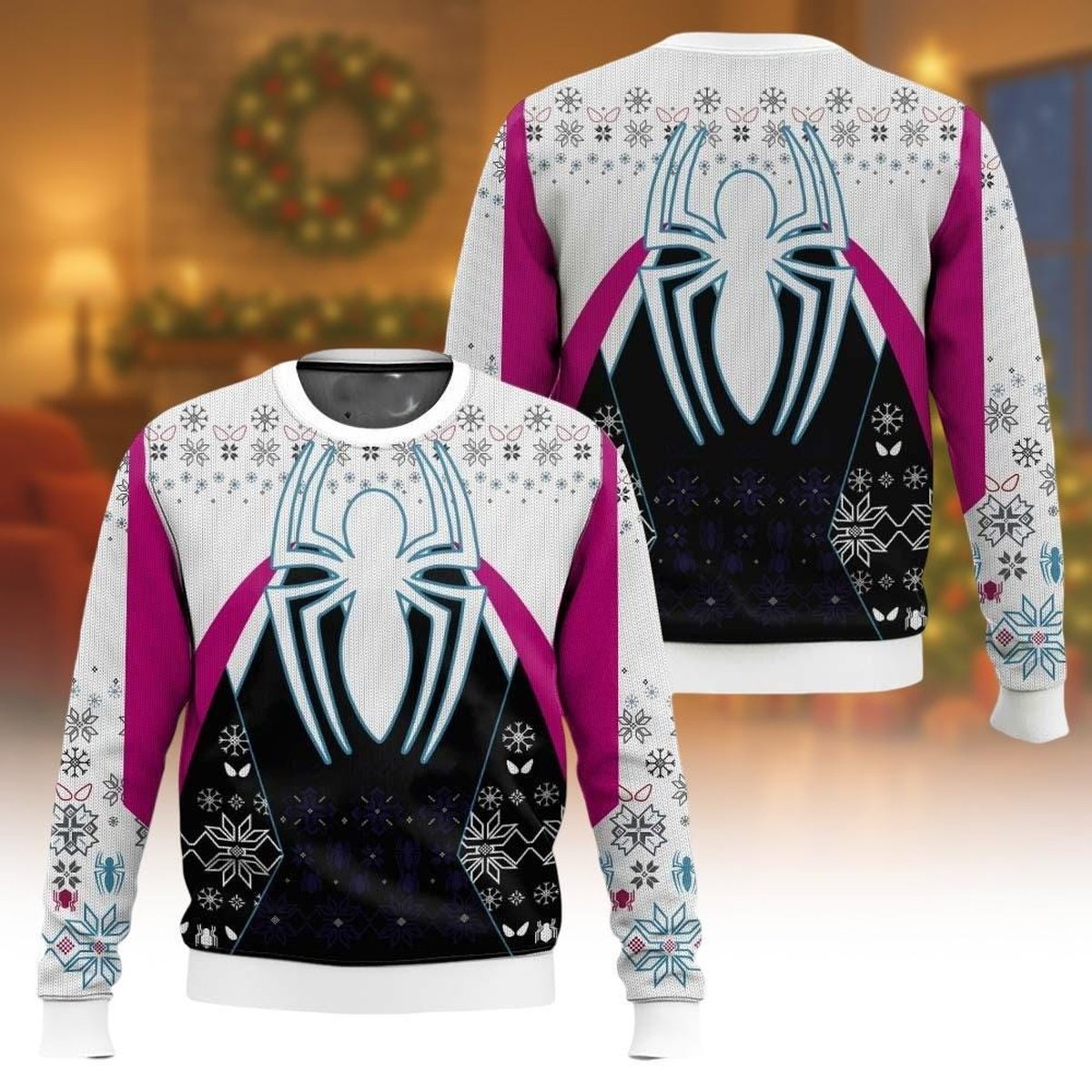 Spider-Gwen White Pink Ugly Christmas Sweater Spider Logo Superhero Holiday Knit Jumper