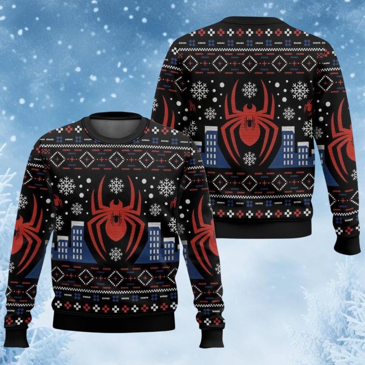 Spider Man Santa Hat Funny Xmas Sweater Red Blue Knit