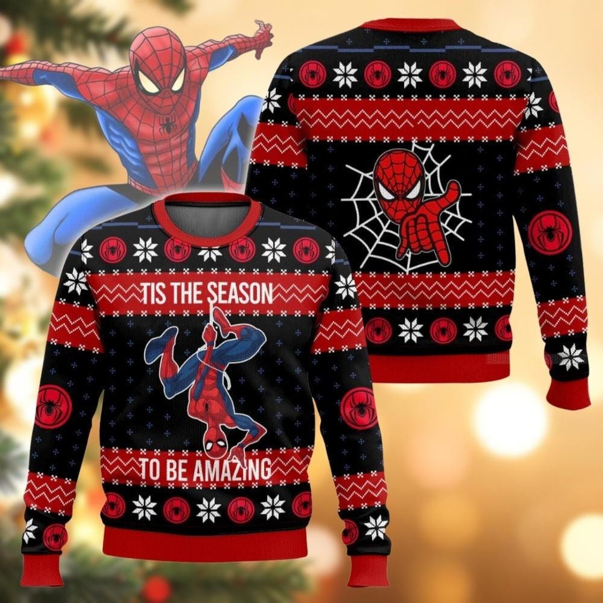 Spider Man Black Red Amazing Ugly Christmas Sweater Funny Hero Holiday Knit