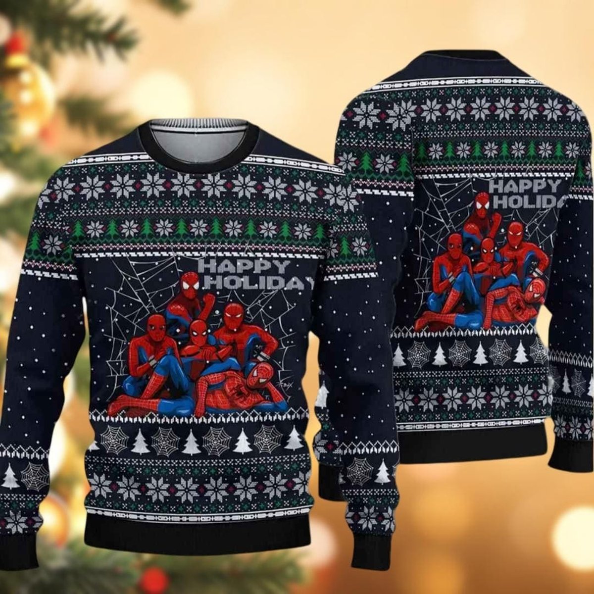 Spider Man Happy Holiday Navy Ugly Christmas Sweater Funny Hero Knit Gift