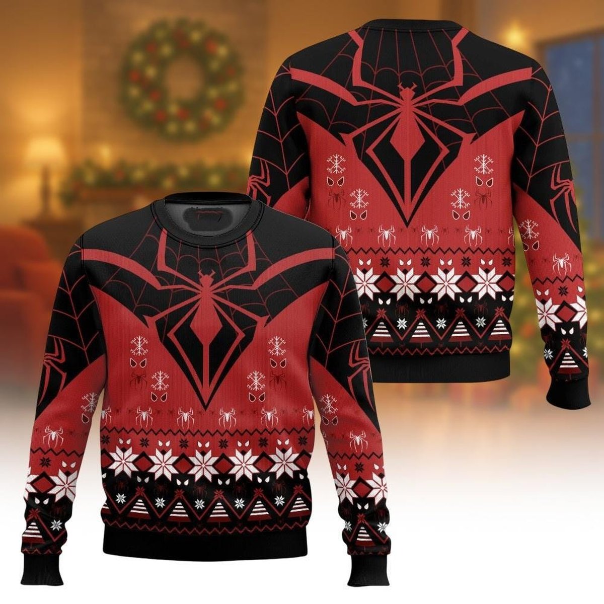Spider Man Red Black Christmas Ugly Sweater Superhero Logo Pattern Holiday Knit Jumper
