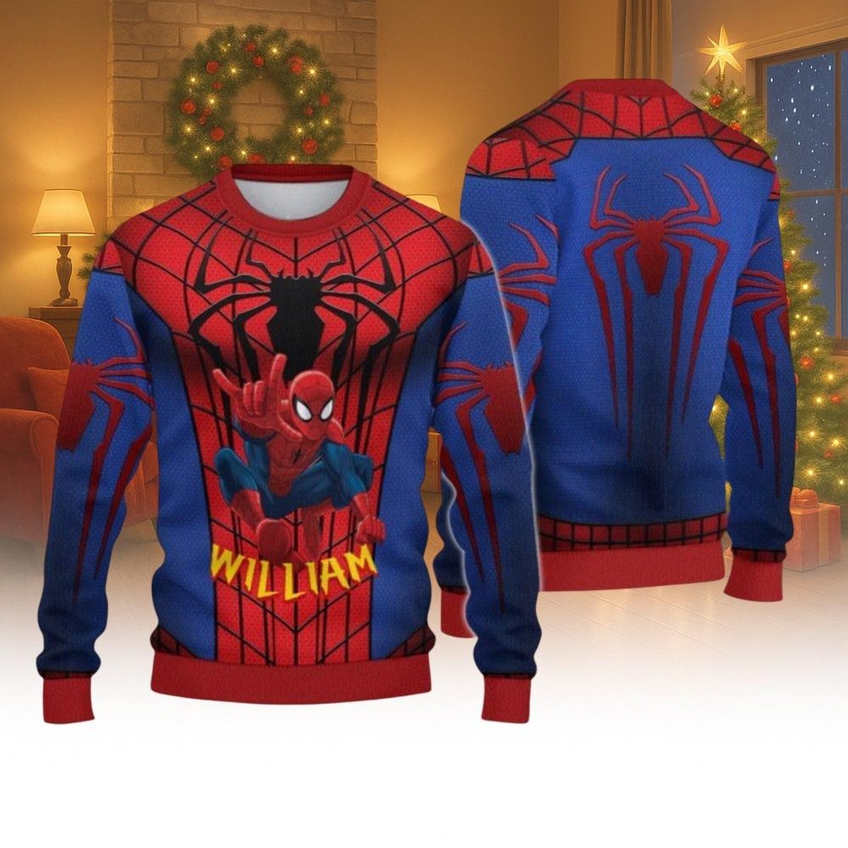 Spiderman 2026 Blue Red Ugly Christmas Sweater Funny Superhero Holiday Knit Jumper