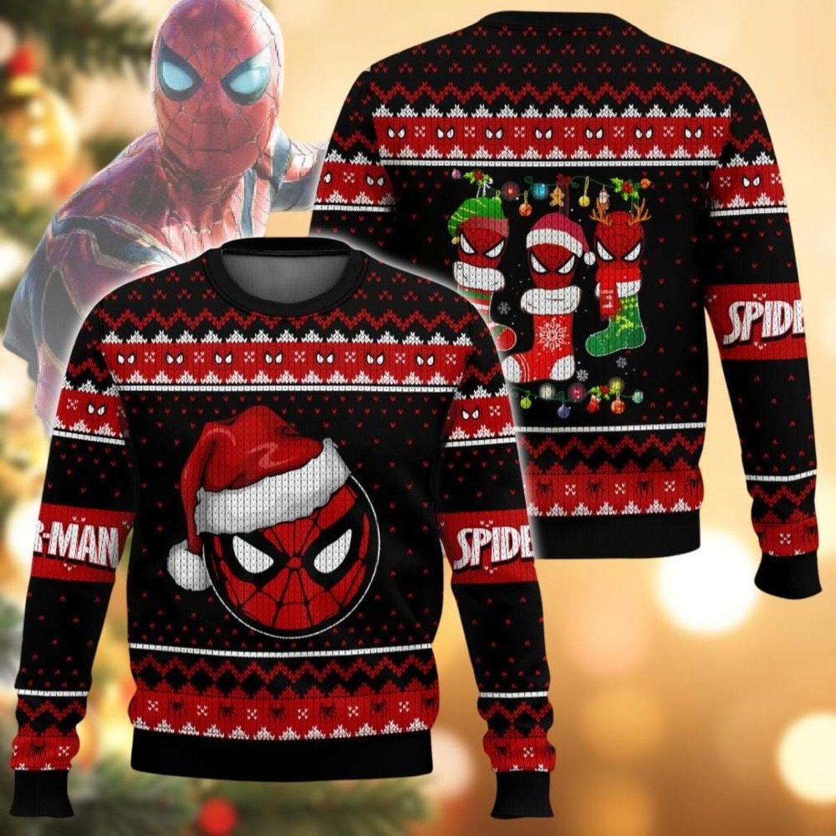 Spider Man Santa Hat Black Red Ugly Christmas Sweater Funny Hero Holiday Knit