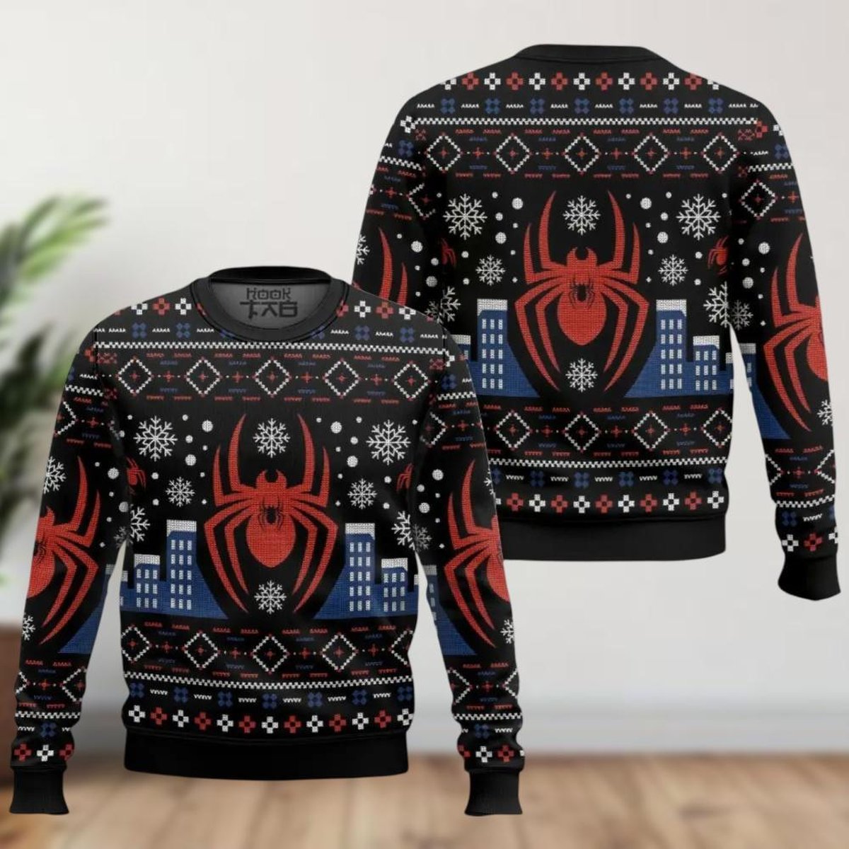 Spiderman Black City Christmas Ugly Sweater Funny Superhero Snowflake Knit Jumper
