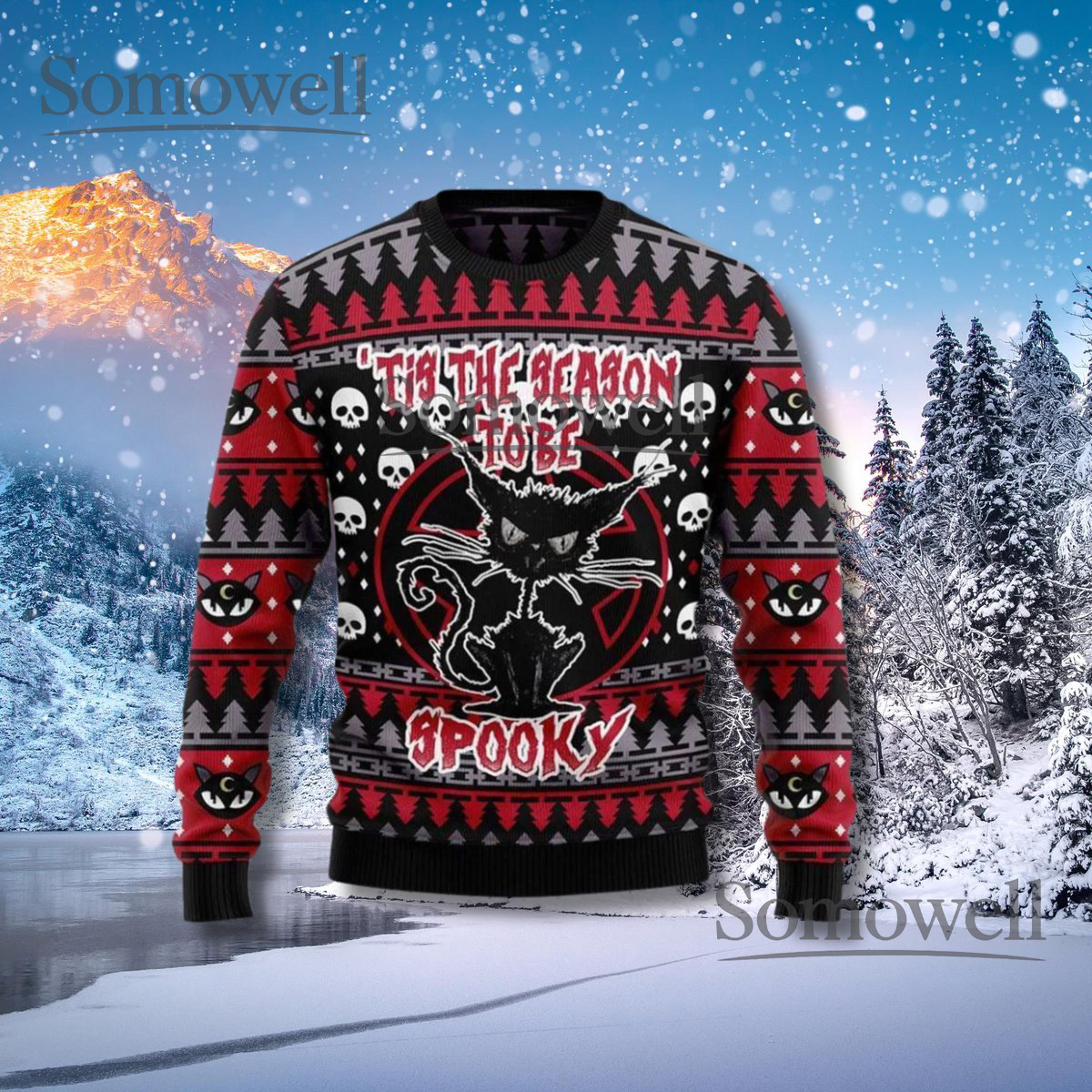 Spooky Black Cat Ugly Christmas Sweater - Gothic Holiday Jumper