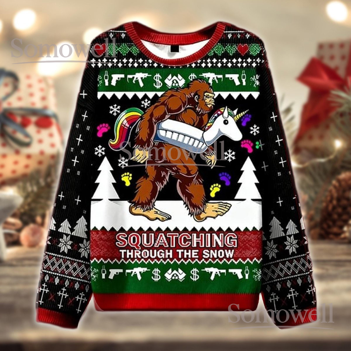 Squatching Through The Snow Funny Bigfoot Unicorn Christmas Ugly Sweater Retro Holiday Knit Jumper