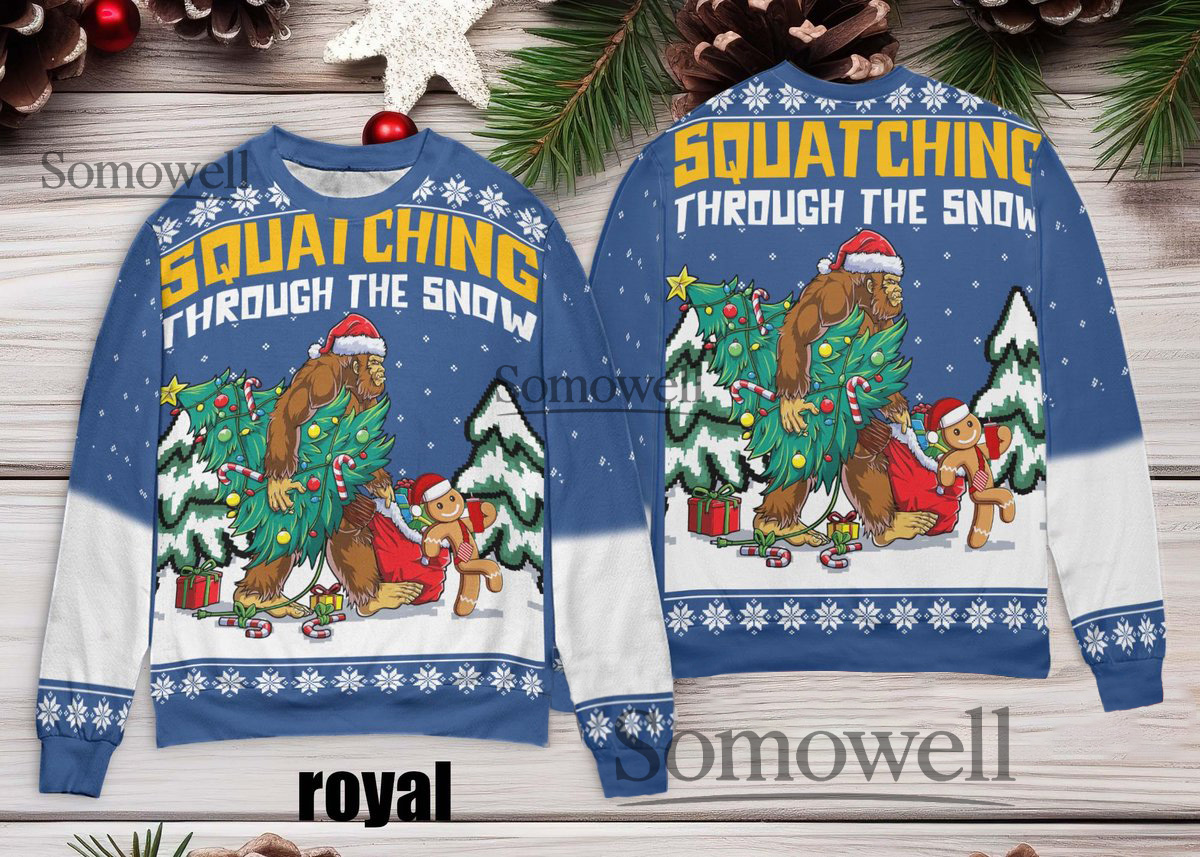 Squatching Through The Snow Christmas Sweater Funny Sasquatch Holiday Sweater with Many Colors