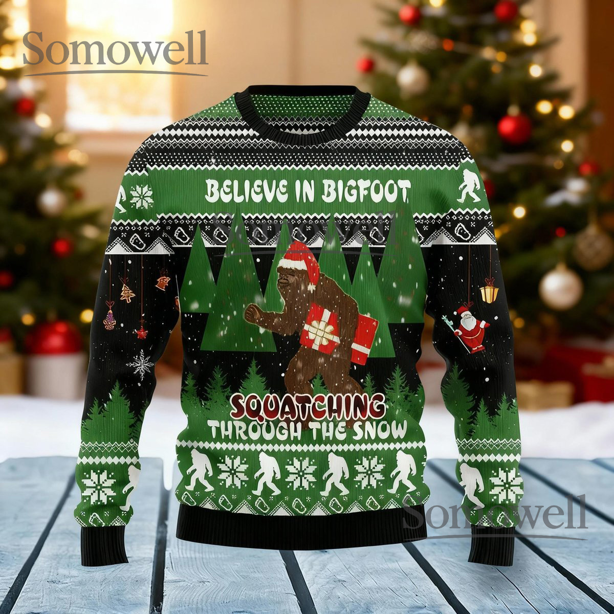 Believe in Bigfoot Squatching Through the Snow Green Ugly Christmas Sweater Funny Sasquatch Knit Jumper
