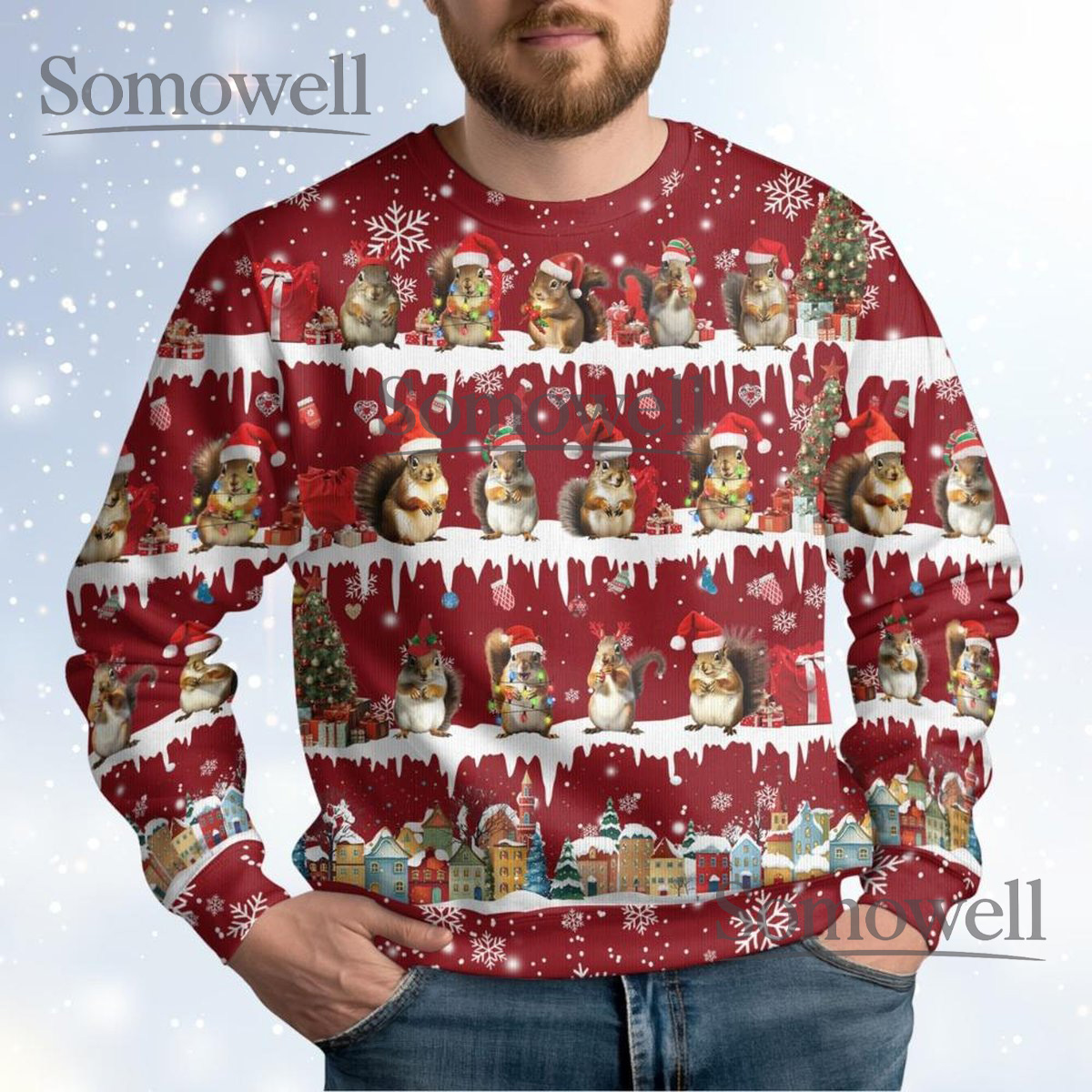 Squirrel Christmas Sweater Red Winter Holiday Cute Animals Knit